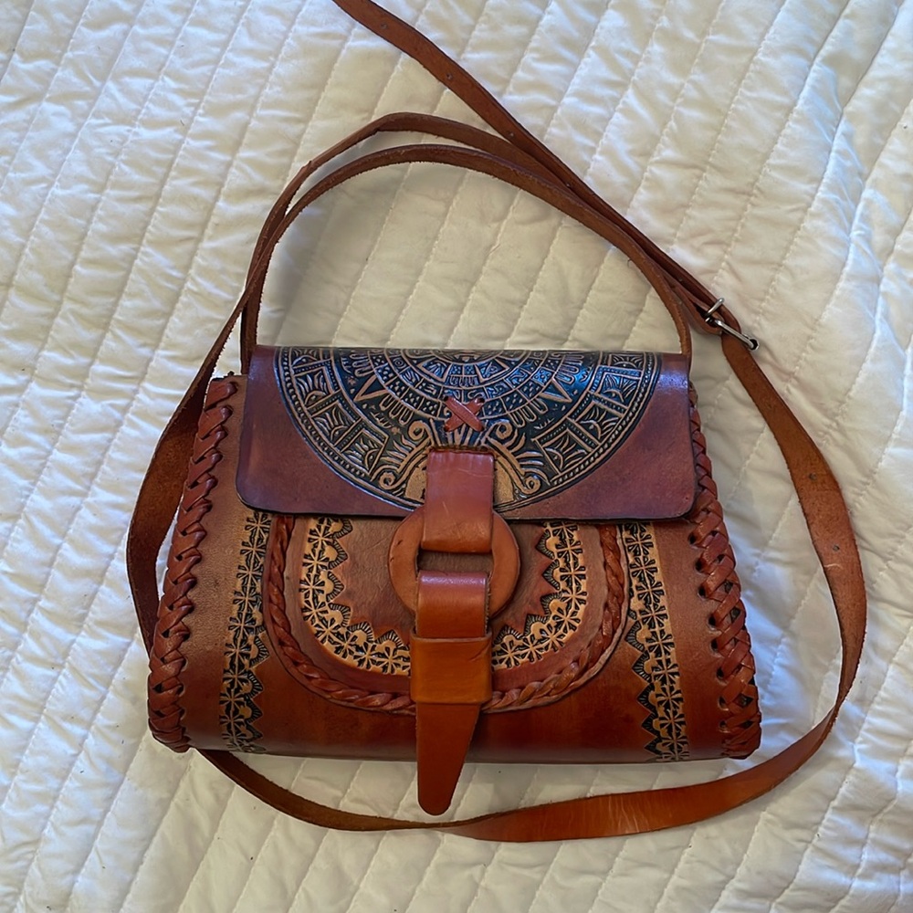 Hand-made Leather Purse with Aztec Design